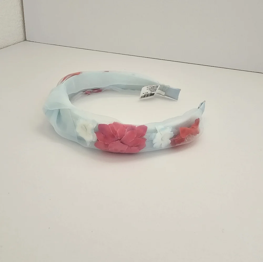 Claire's NWT Knotted Floral Headband - 3D Pink Flowers - Mint Sheer Fabric